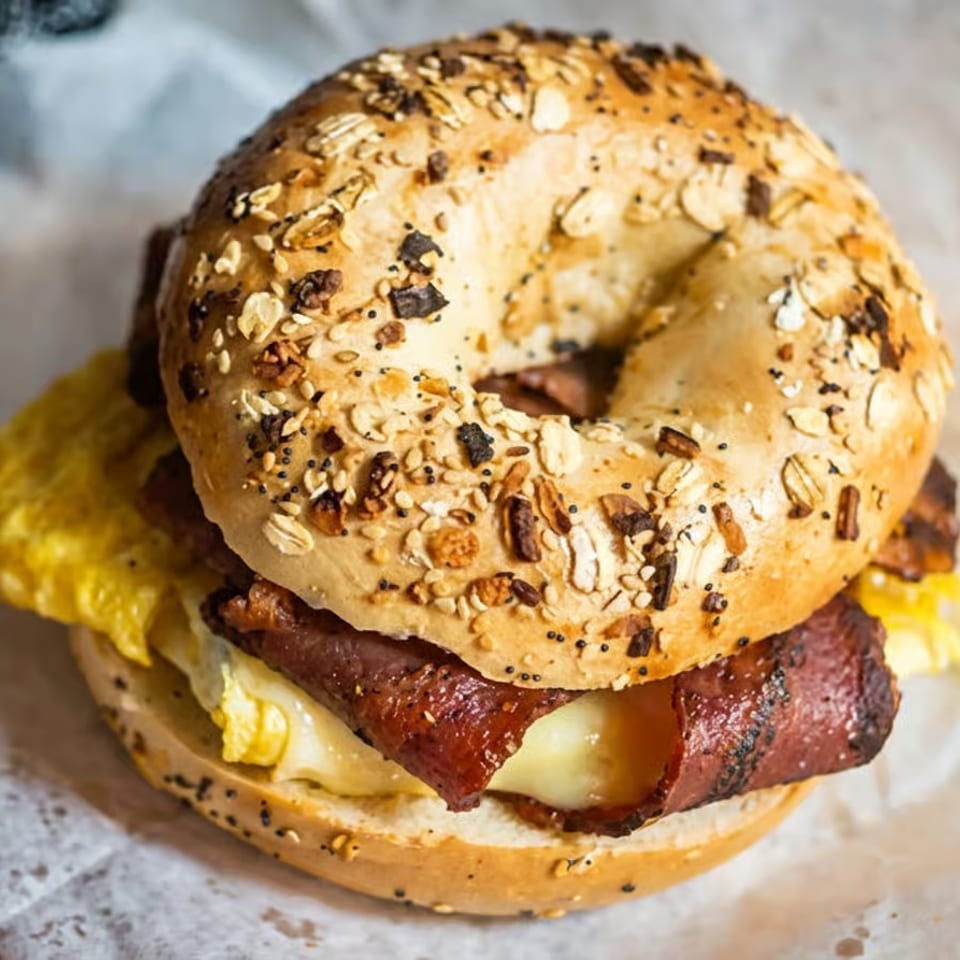 Loaded everything-seasoned bagel sandwich with bacon, melted cheese, and lettuce, wrapped in paper.
