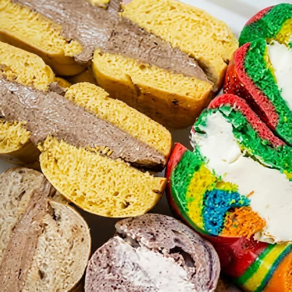 Assorted biscotti and colorful rainbow cake rolls with white cream arranged on a white serving platter.